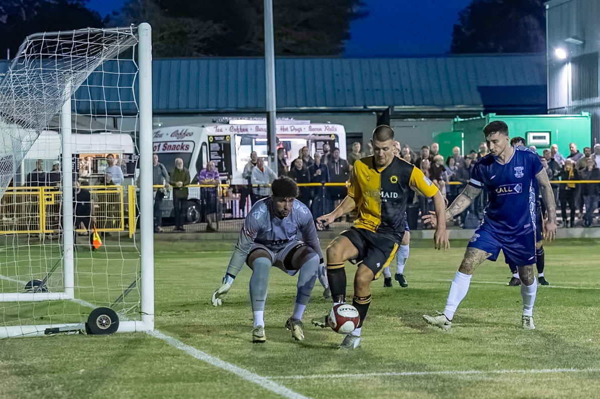 Prescot, ENGLAND -  during the NPL Premier Division match between Prescot Cables and  Leek Town  at The Auto Safety Centre StadiumCanon Canon EOS R3 12800 1/1250 2.8 (Pic by John Middleton)