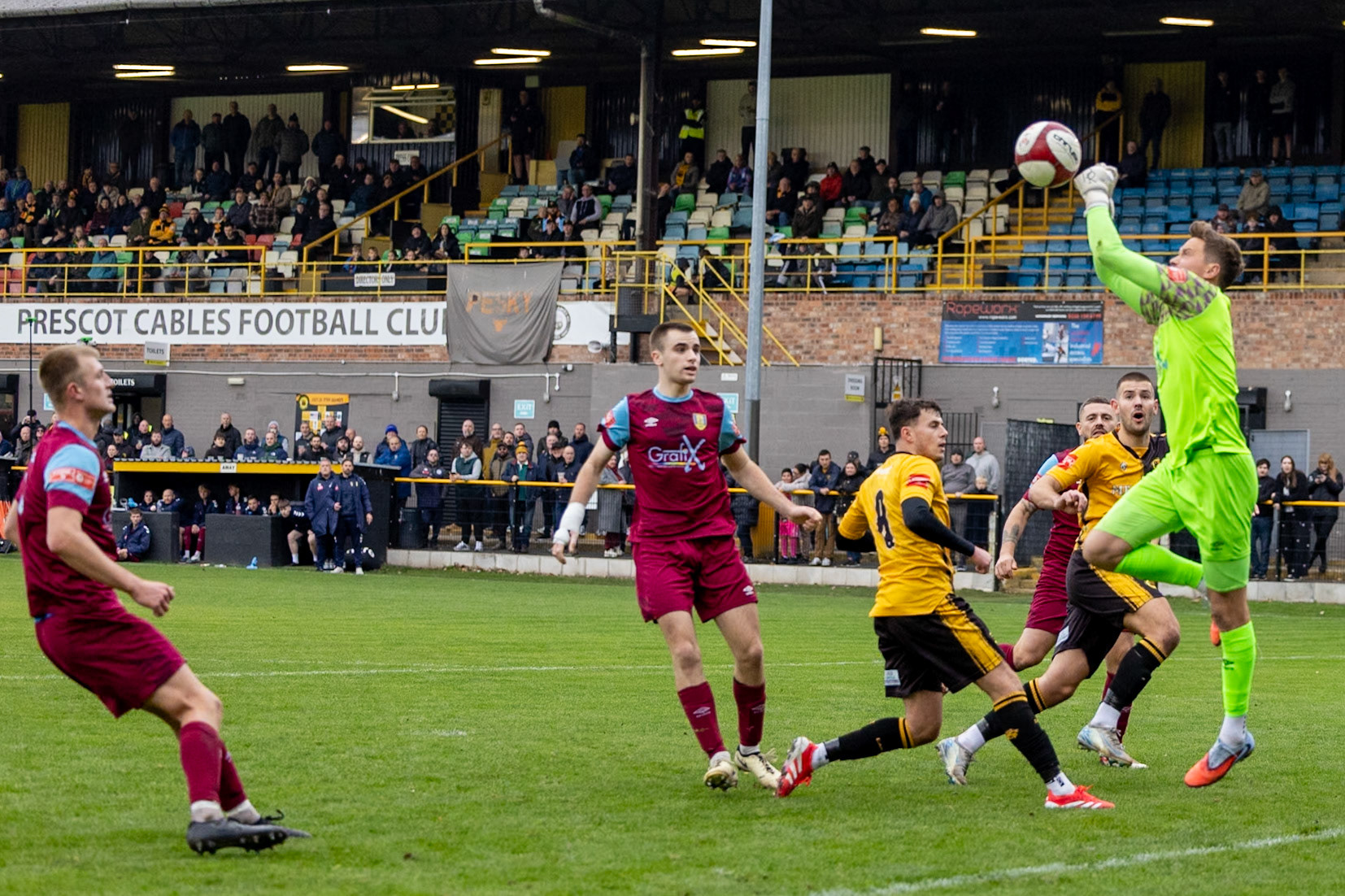 Prescot, ENGLAND -  during the NPL Premier Division match between Prescot Cables and  Stocksbridge Park Steels  at The Auto Safety Centre StadiumCanon Canon EOS R3 2500 1/3200 2.8 (Pic by John Middleton)