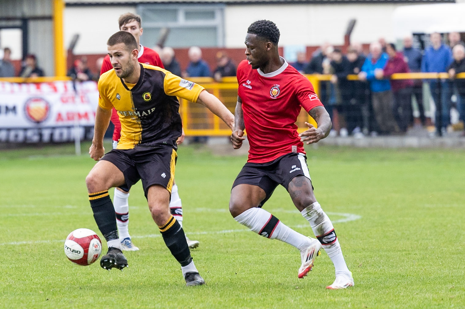 Prescot, ENGLAND -  during the NPL Premier Division match between Prescot Cables and  FC United  at The Auto Safety Centre StadiumCanon Canon EOS R3 1250 1/2500 2.8 (Pic by John Middleton)