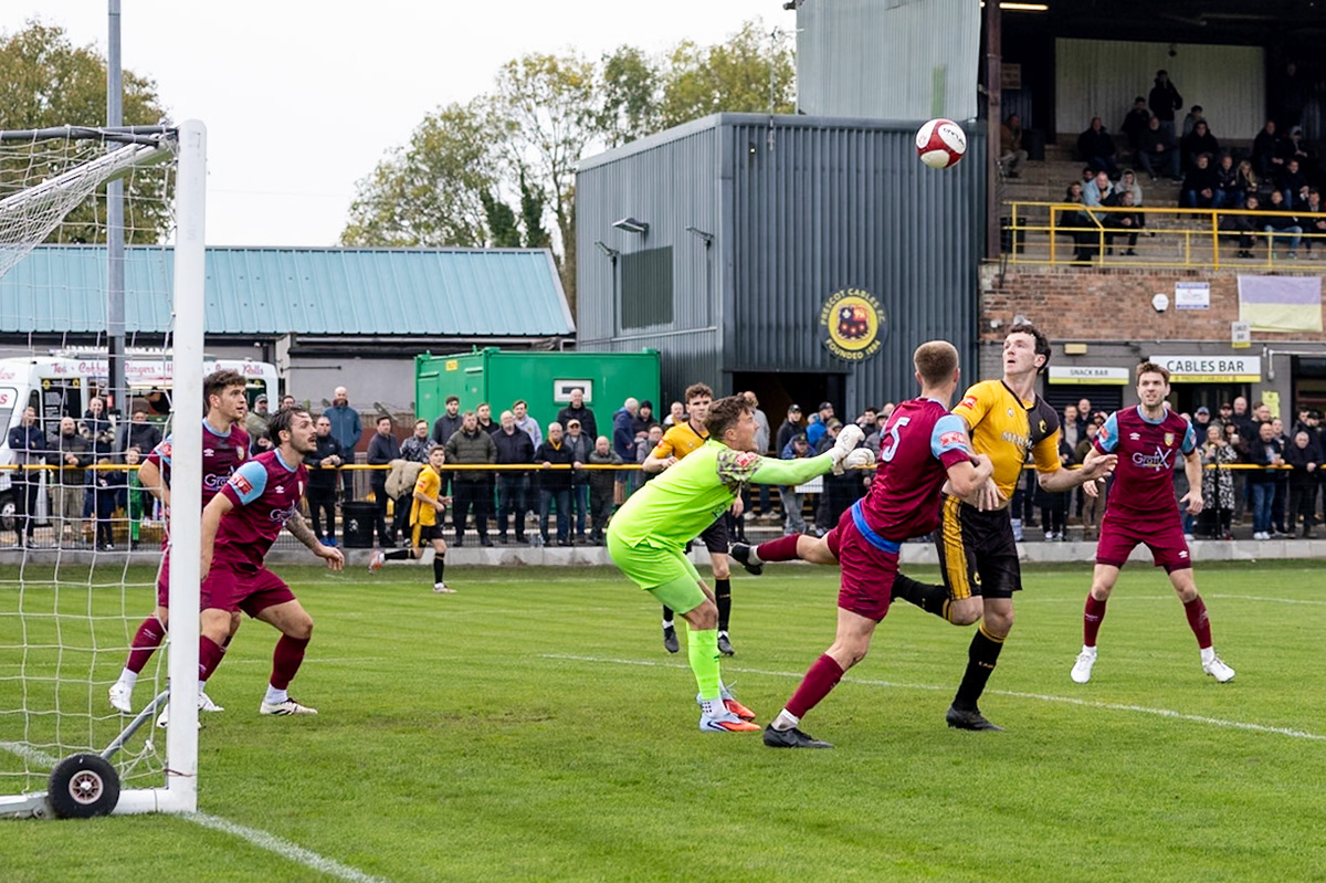Prescot, ENGLAND -  during the NPL Premier Division match between Prescot Cables and  Stocksbridge Park Steels  at The Auto Safety Centre StadiumCanon Canon EOS R6m2 1250 1/2500 2.8 (Pic by John Middleton)