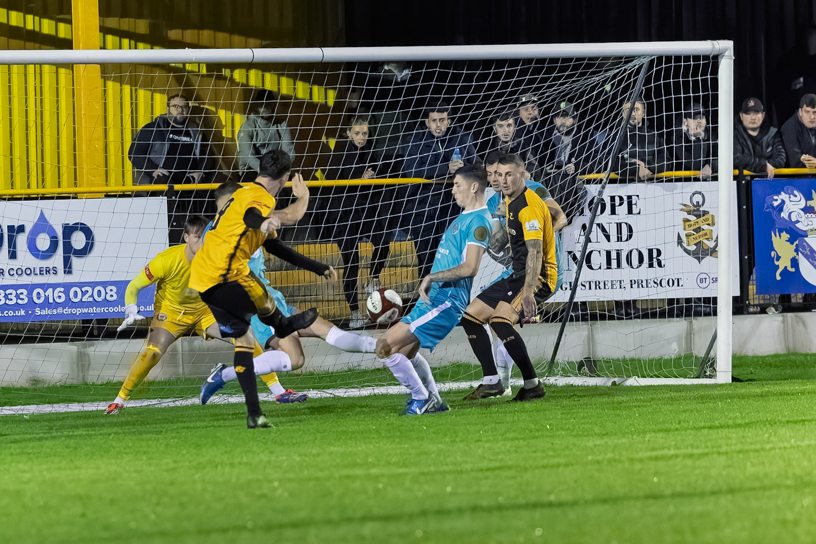 Prescot, ENGLAND -  during the NPL Premier Division match between Prescot Cables and  Lancaster City  at The Auto Safety Centre StadiumCanon Canon EOS R3 8000 1/1000 2.8 (Pic by John Middleton)