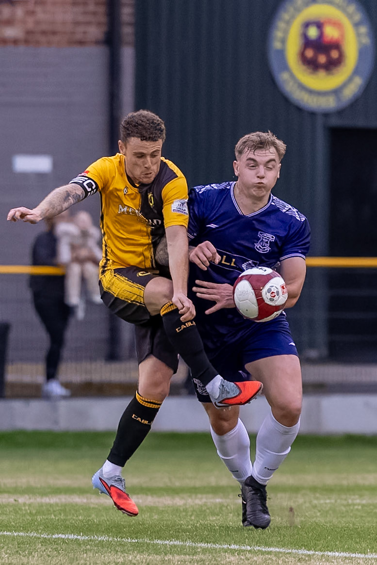 Prescot, ENGLAND -  during the NPL Premier Division match between Prescot Cables and  Leek Town  at The Auto Safety Centre StadiumCanon Canon EOS R3 6400 1/2000 2.8 (Pic by John Middleton)