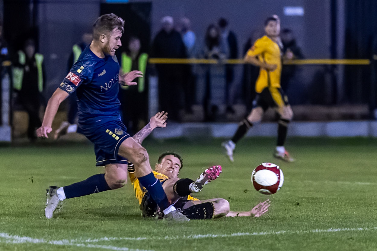 Prescot, ENGLAND -  during the NPL Premier Division match between Prescot Cables and  Warrington Town  at The Auto Safety Centre StadiumCanon Canon EOS R3 12800 1/1600 2.8 (Pic by John Middleton)