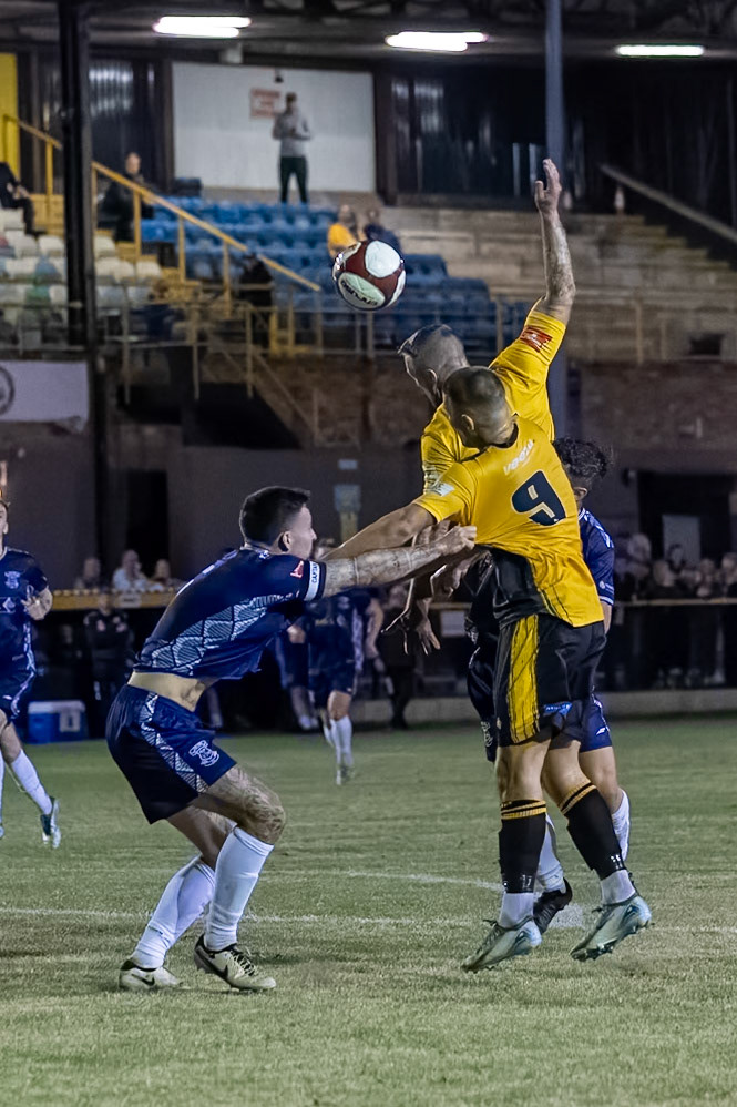 Prescot, ENGLAND -  during the NPL Premier Division match between Prescot Cables and  Leek Town  at The Auto Safety Centre StadiumCanon Canon EOS R3 12800 1/1600 2.8 (Pic by John Middleton)
