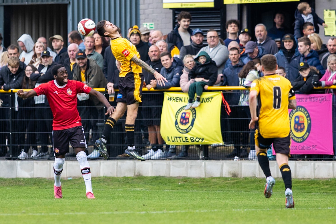 Prescot, ENGLAND -  during the NPL Premier Division match between Prescot Cables and  FC United  at The Auto Safety Centre StadiumCanon Canon EOS R5 1250 1/2000 2.8 (Pic by John Middleton)