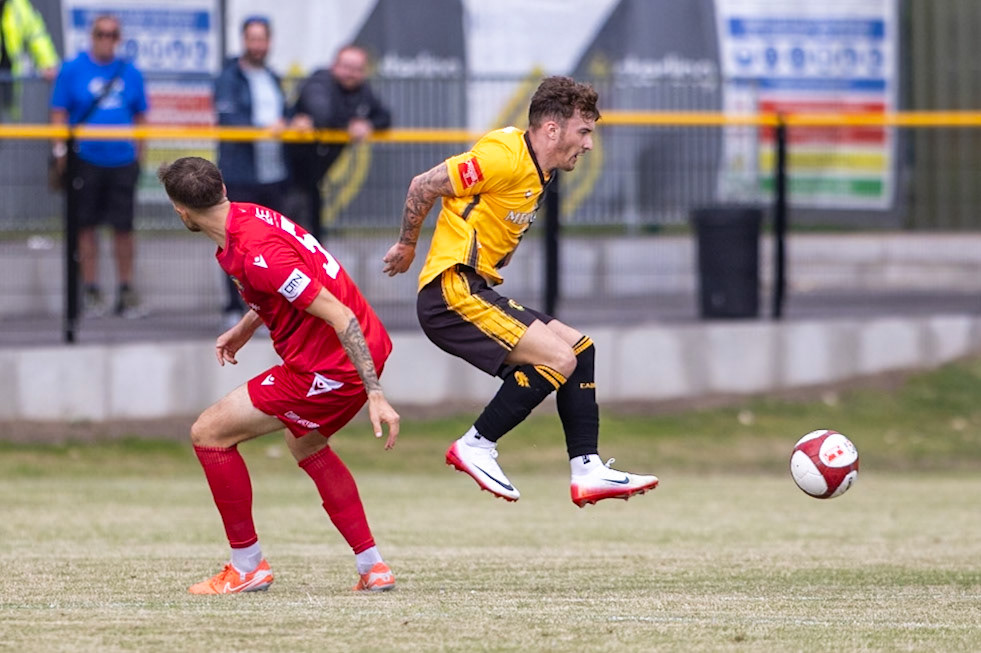 Prescot, ENGLAND - during the NPL Premier Division match between Prescot Cables and Stockton Town at Prescot.Canon Canon EOS R5 800 1/4000 2.8 (Pic by John Middleton)