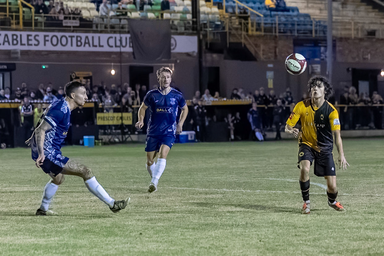 Prescot, ENGLAND -  during the NPL Premier Division match between Prescot Cables and  Leek Town  at The Auto Safety Centre StadiumCanon Canon EOS R3 12800 1/1600 2.8 (Pic by John Middleton)