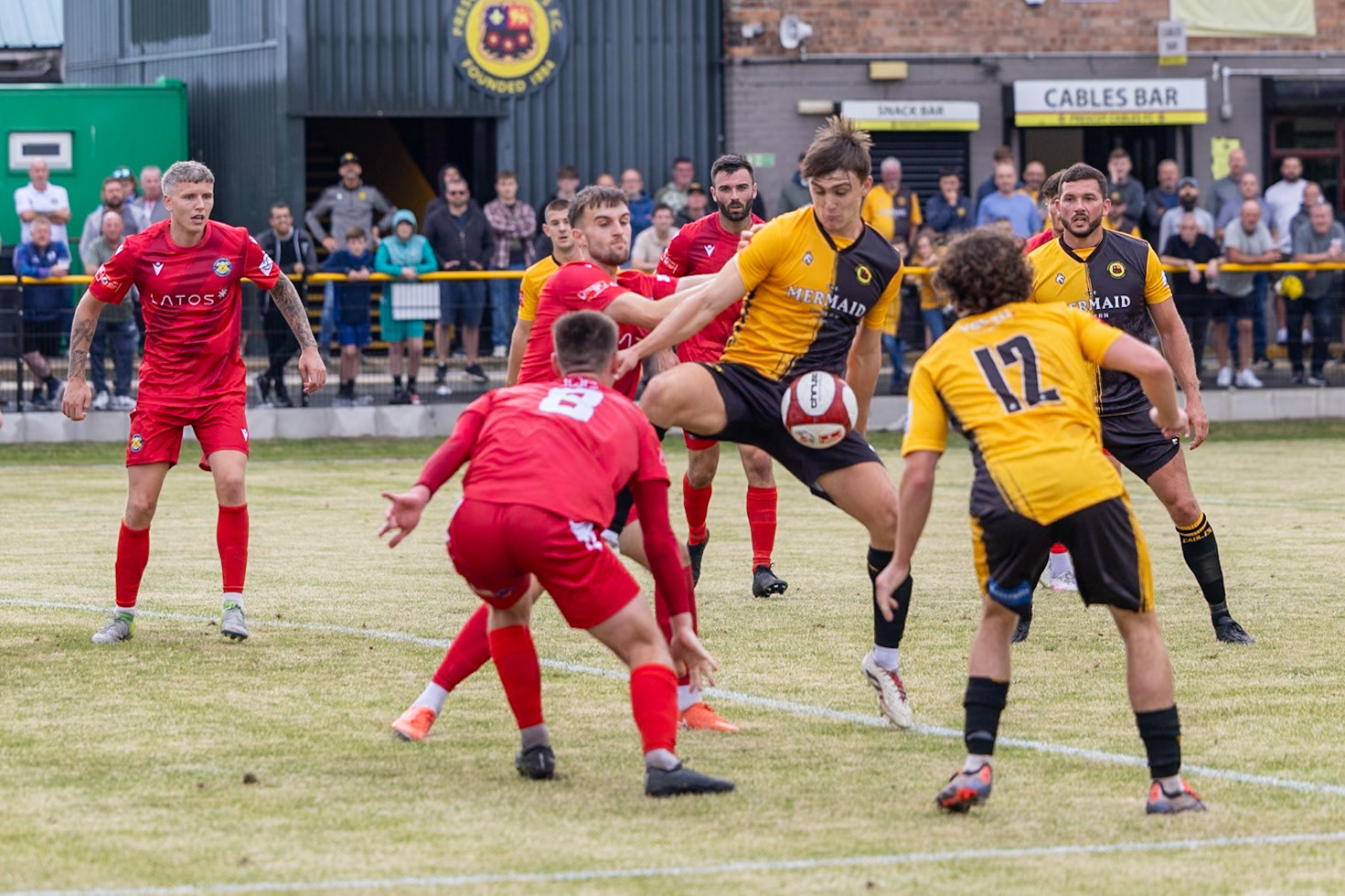 Prescot, ENGLAND - during the NPL Premier Division match between Prescot Cables and Stockton Town at Prescot.Canon Canon EOS R3 640 1/3200 2.8 (Pic by John Middleton)