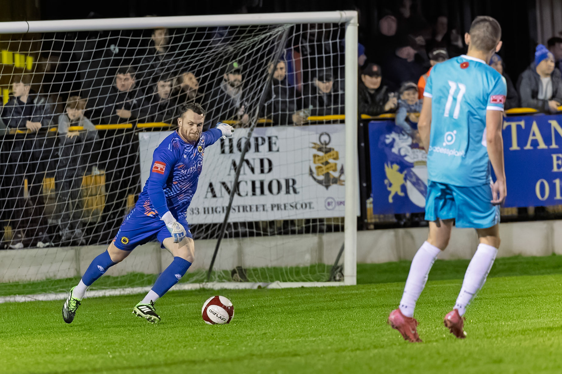 Prescot, ENGLAND -  during the NPL Premier Division match between Prescot Cables and  Lancaster City  at The Auto Safety Centre StadiumCanon Canon EOS R3 12800 1/1000 2.8 (Pic by John Middleton)