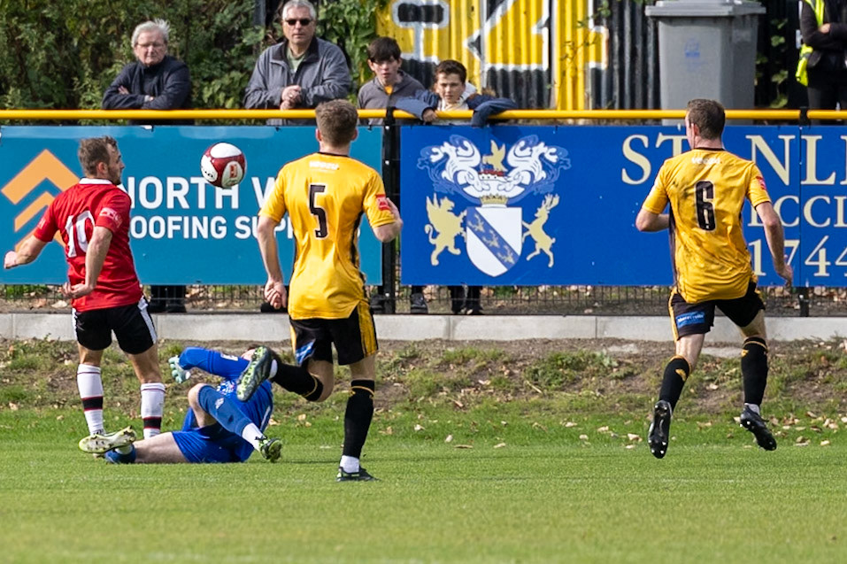 Prescot, ENGLAND -  during the NPL Premier Division match between Prescot Cables and  FC United  at The Auto Safety Centre StadiumCanon Canon EOS R3 320 1/3200 2.8 (Pic by John Middleton)
