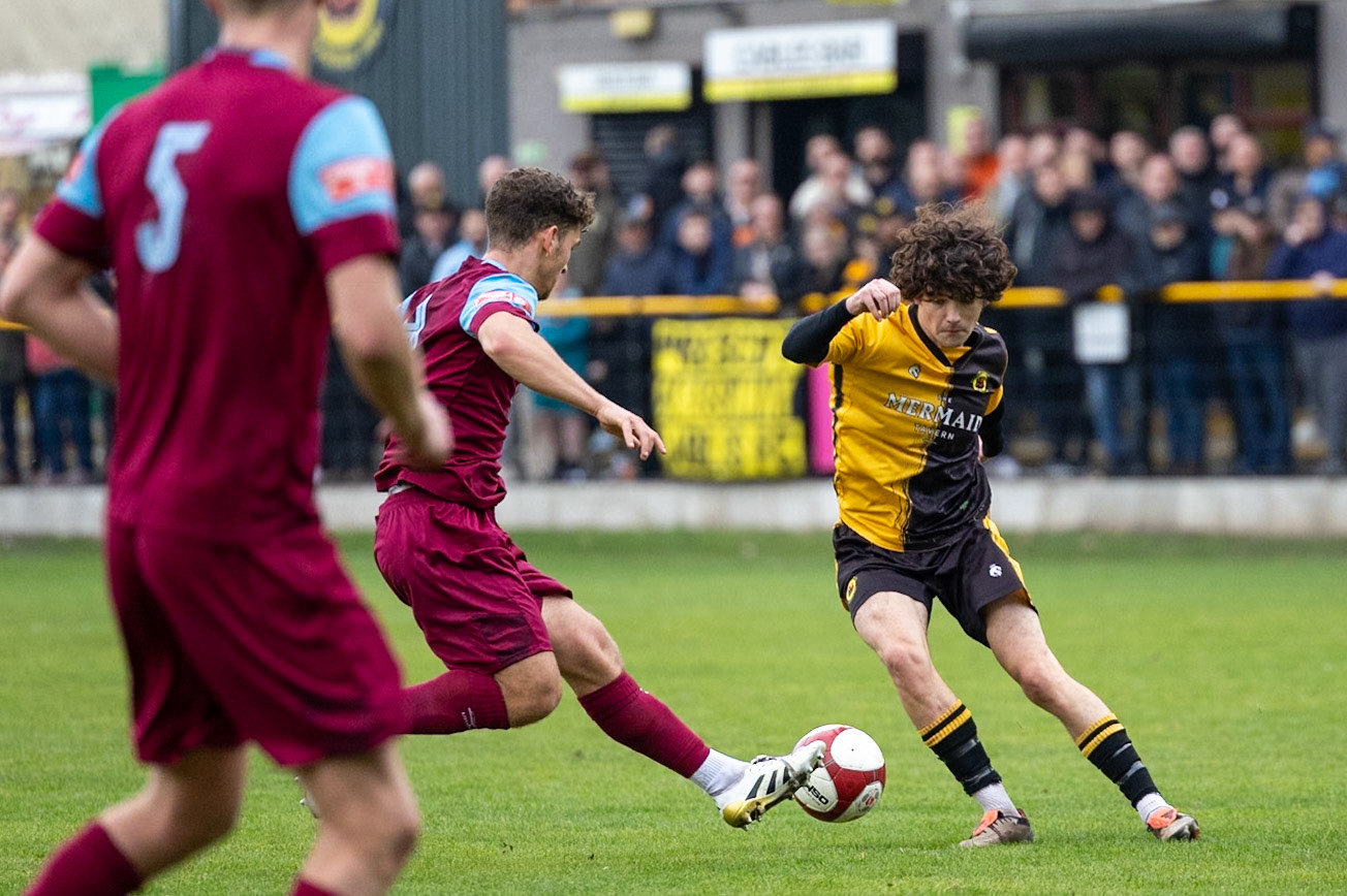 Prescot, ENGLAND -  during the NPL Premier Division match between Prescot Cables and  Stocksbridge Park Steels  at The Auto Safety Centre StadiumCanon Canon EOS R3 2500 1/3200 2.8 (Pic by John Middleton)