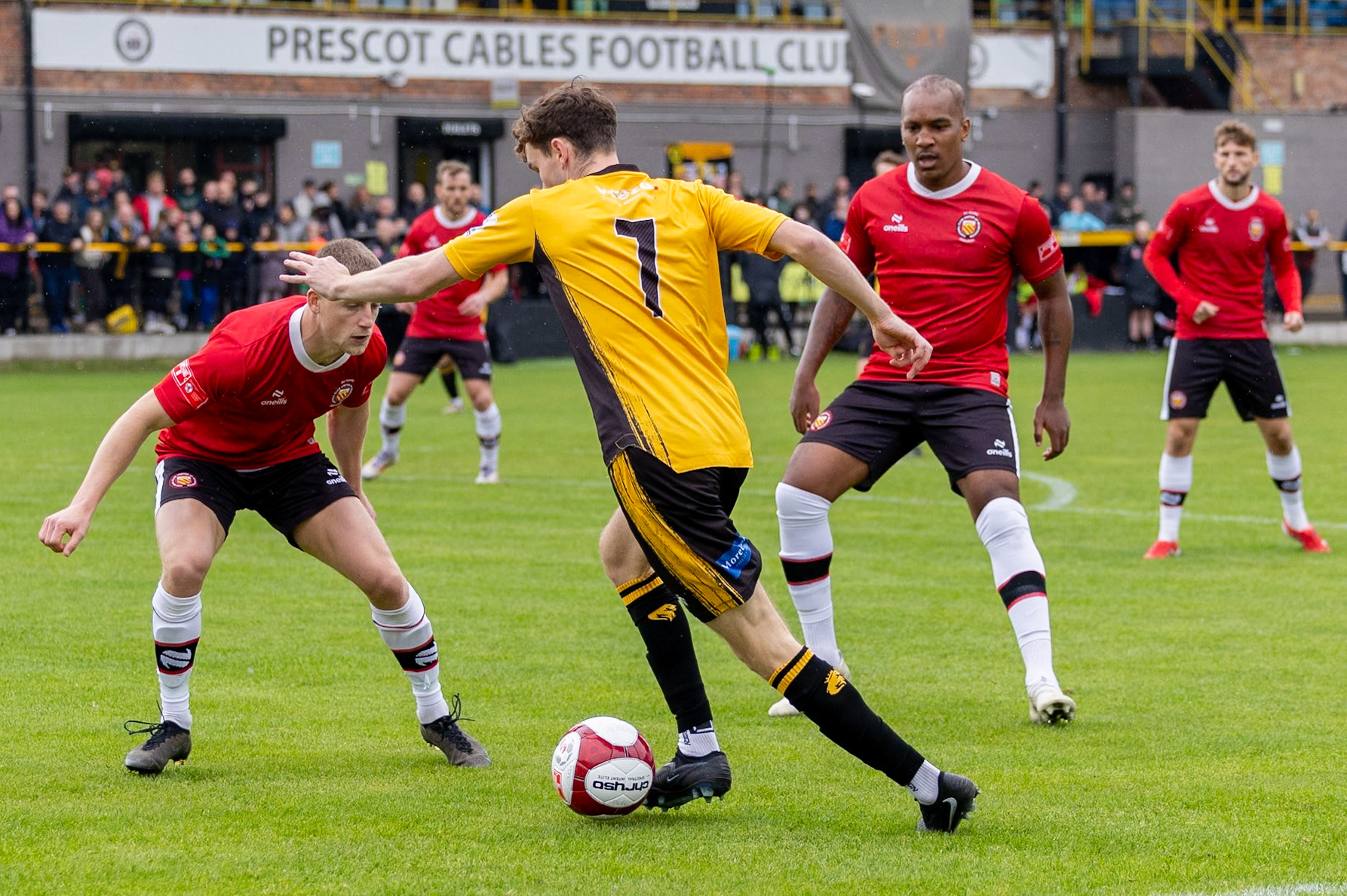 Prescot, ENGLAND -  during the NPL Premier Division match between Prescot Cables and  FC United  at The Auto Safety Centre StadiumCanon Canon EOS R3 640 1/2500 2.8 (Pic by John Middleton)