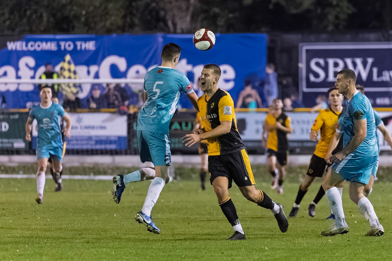 Prescot, ENGLAND -  during the NPL Premier Division match between Prescot Cables and  Lancaster City  at The Auto Safety Centre StadiumCanon Canon EOS R3 8000 1/640 2.8 (Pic by John Middleton)