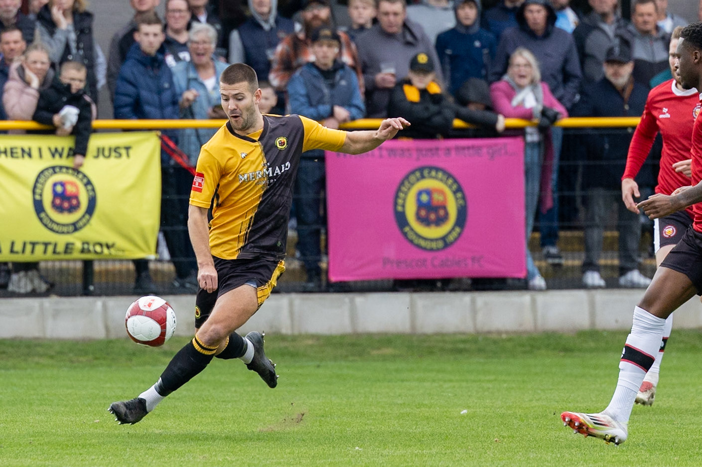 Prescot, ENGLAND -  during the NPL Premier Division match between Prescot Cables and  FC United  at The Auto Safety Centre StadiumCanon Canon EOS R3 1000 1/3200 2.8 (Pic by John Middleton)