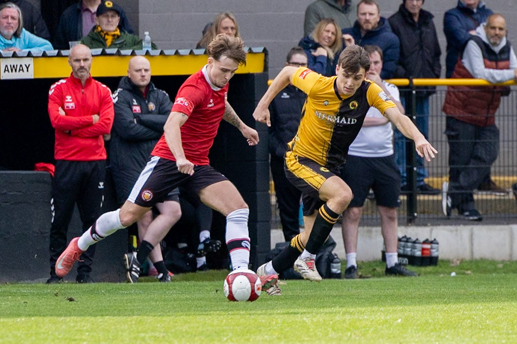 Prescot, ENGLAND -  during the NPL Premier Division match between Prescot Cables and  FC United  at The Auto Safety Centre StadiumCanon Canon EOS R3 320 1/3200 2.8 (Pic by John Middleton)