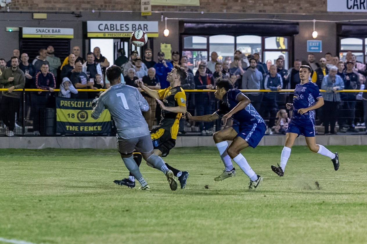 Prescot, ENGLAND -  during the NPL Premier Division match between Prescot Cables and  Leek Town  at The Auto Safety Centre StadiumCanon Canon EOS R3 10000 1/1000 2.8 (Pic by John Middleton)