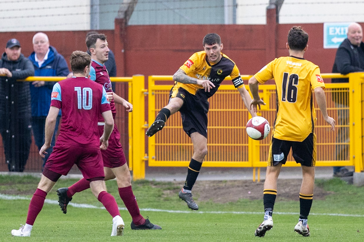 Prescot, ENGLAND -  during the NPL Premier Division match between Prescot Cables and  Stocksbridge Park Steels  at The Auto Safety Centre StadiumCanon Canon EOS R5 2000 1/3200 2.8 (Pic by John Middleton)