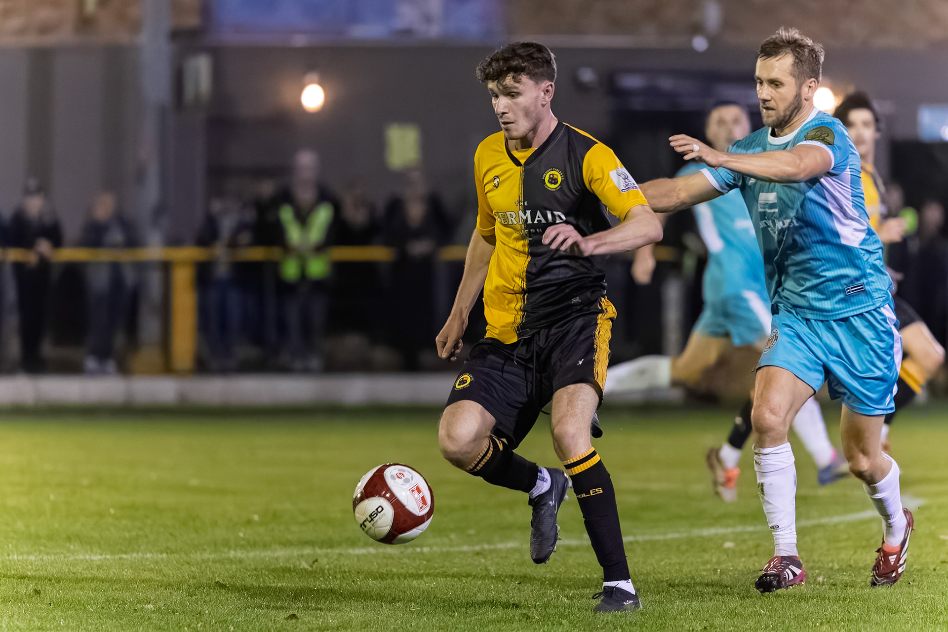 Prescot, ENGLAND -  during the NPL Premier Division match between Prescot Cables and  Lancaster City  at The Auto Safety Centre StadiumCanon Canon EOS R3 12800 1/1000 2.8 (Pic by John Middleton)