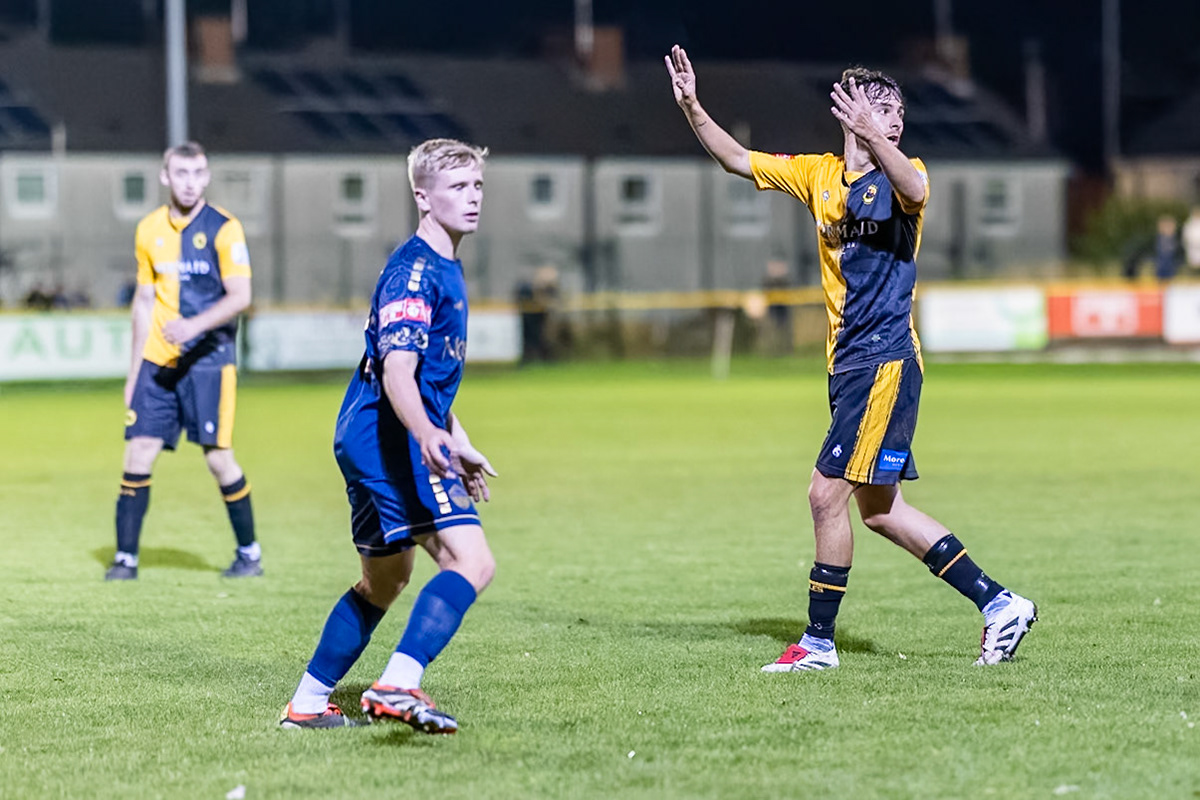 Prescot, ENGLAND -  during the NPL Premier Division match between Prescot Cables and  Warrington Town  at The Auto Safety Centre StadiumCanon Canon EOS R5 6400 1/1250 1.2 (Pic by John Middleton)