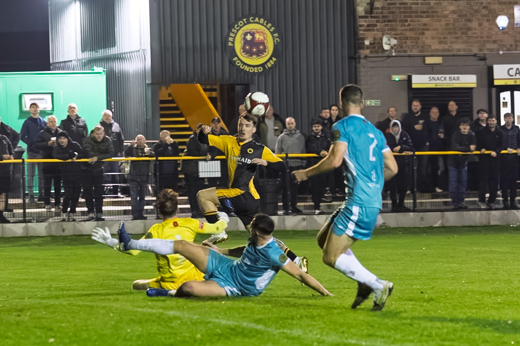 Prescot, ENGLAND -  during the NPL Premier Division match between Prescot Cables and  Lancaster City  at The Auto Safety Centre StadiumCanon Canon EOS R3 8000 1/640 2.8 (Pic by John Middleton)