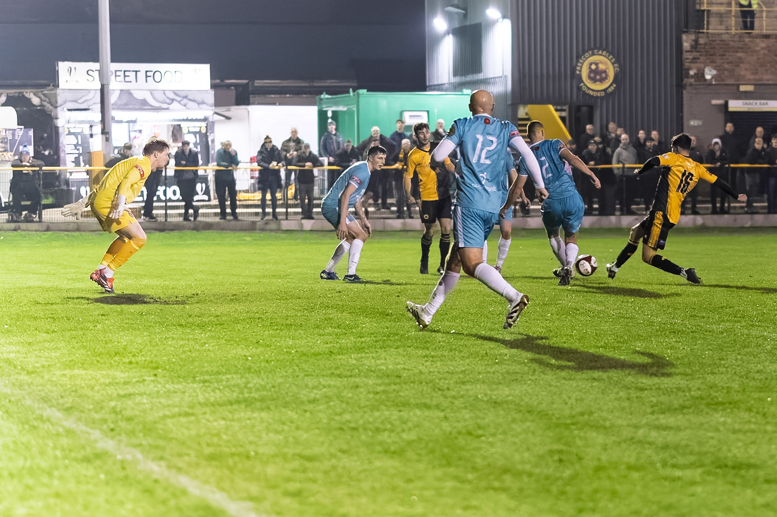 Prescot, ENGLAND -  during the NPL Premier Division match between Prescot Cables and  Lancaster City  at The Auto Safety Centre StadiumCanon Canon EOS R6m2 5000 1/2000 1.2 (Pic by John Middleton)