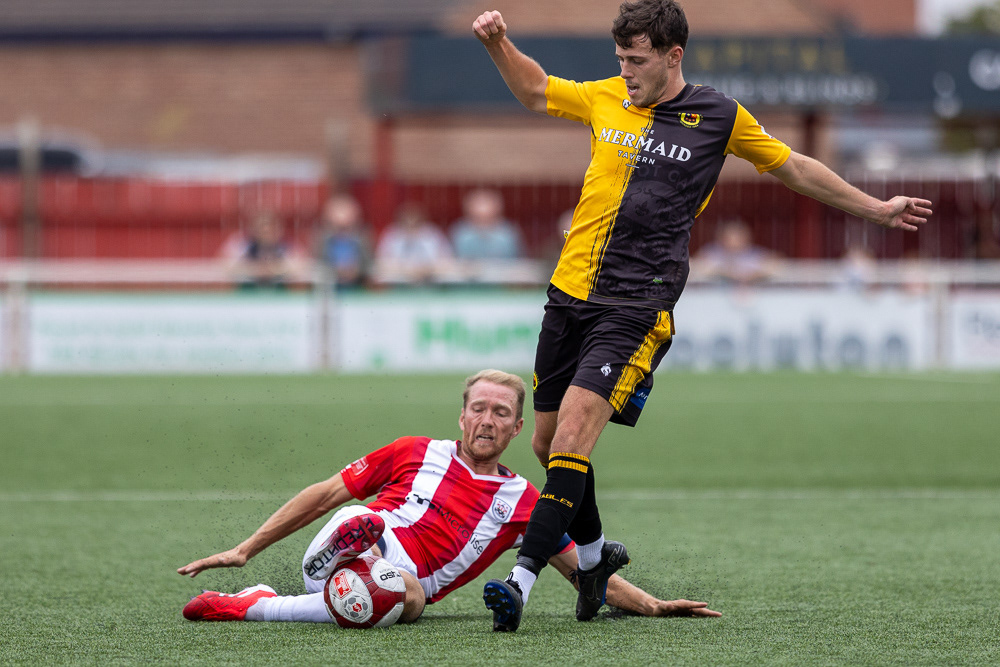 match action at the NPL Premier Division match between Ilkeston Town and Prescot Cables 16 August 2025.