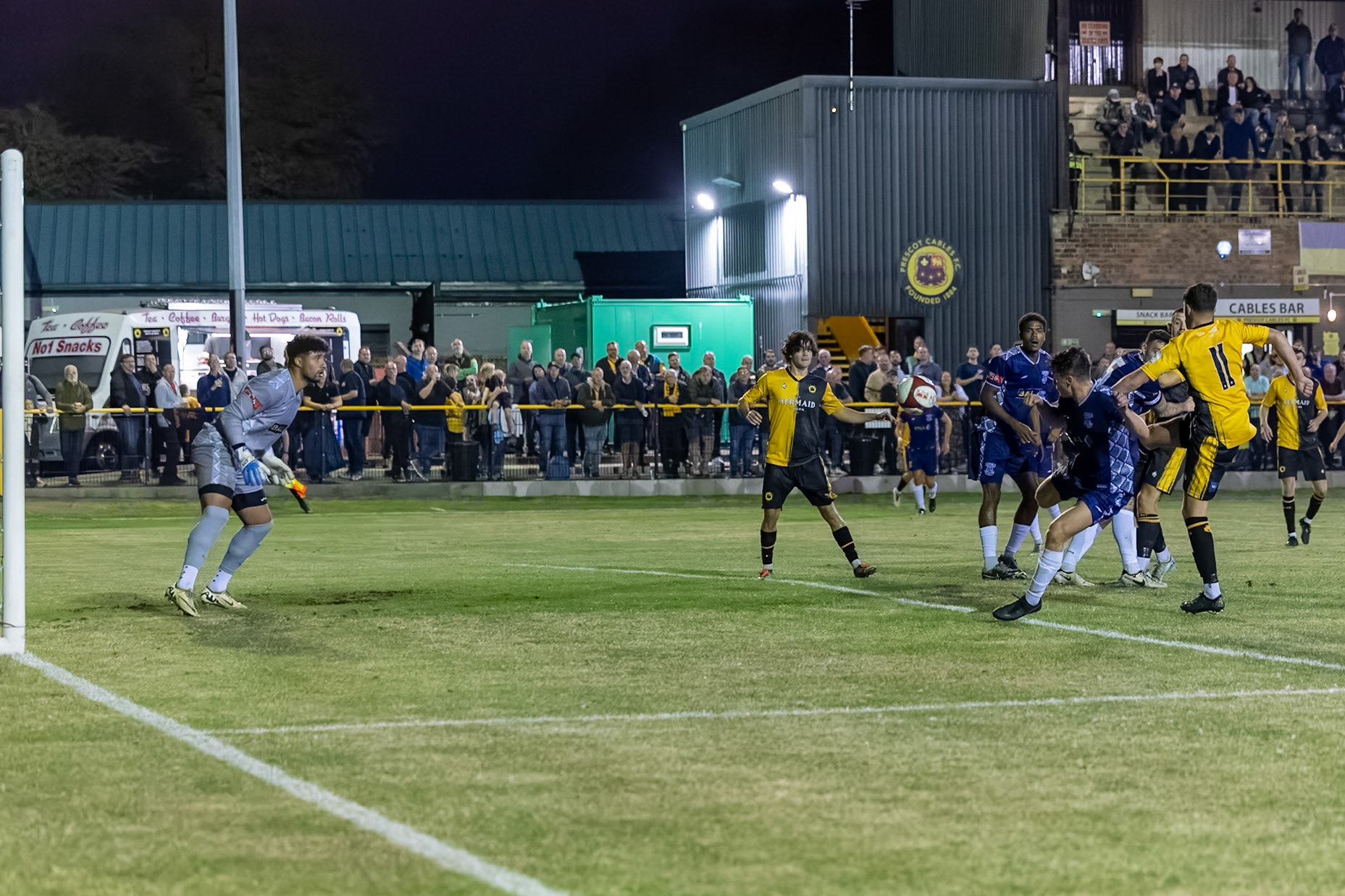 Prescot, ENGLAND -  during the NPL Premier Division match between Prescot Cables and  Leek Town  at The Auto Safety Centre StadiumCanon Canon EOS R3 10000 1/1000 2.8 (Pic by John Middleton)
