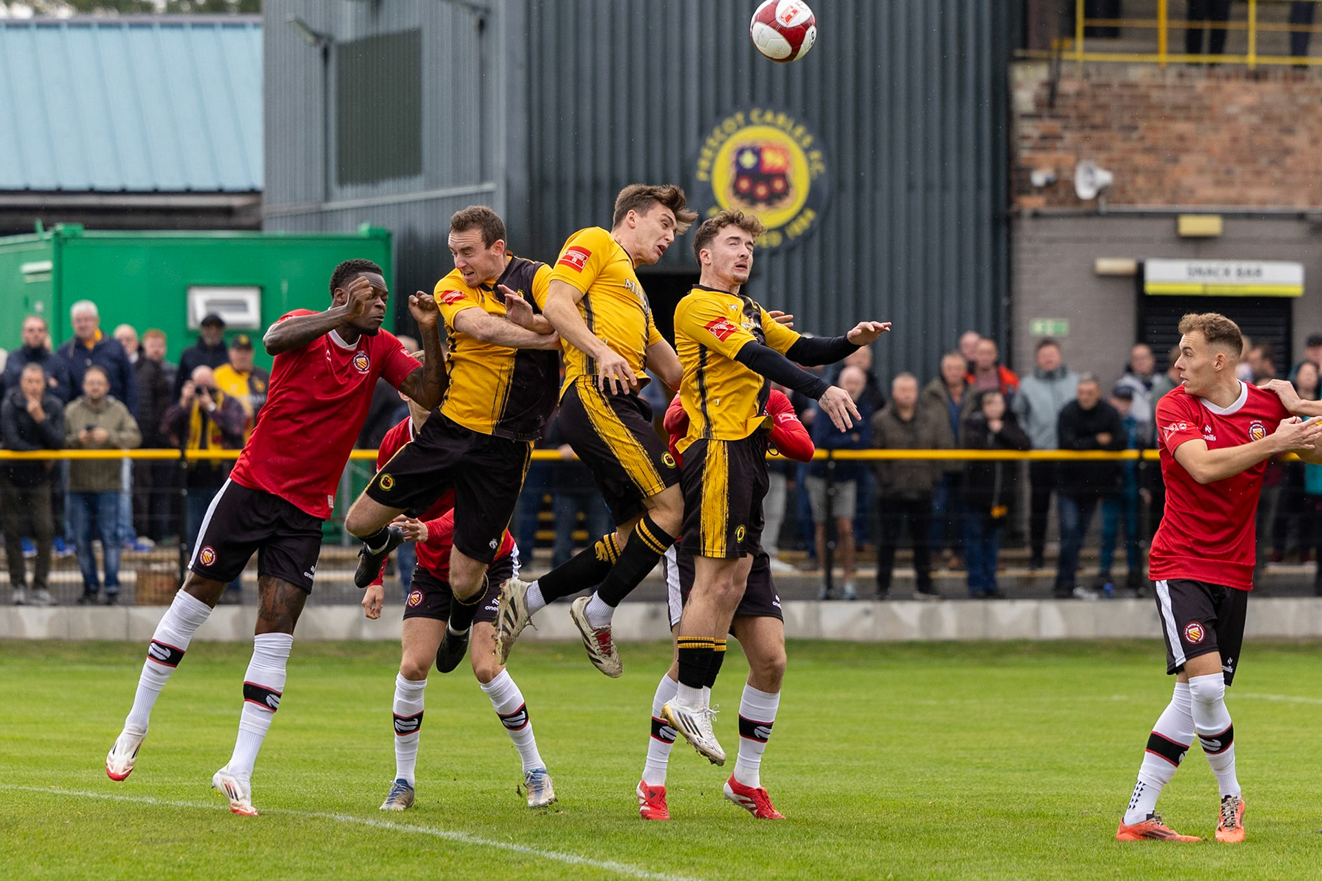 Prescot, ENGLAND -  during the NPL Premier Division match between Prescot Cables and  FC United  at The Auto Safety Centre StadiumCanon Canon EOS R3 1000 1/3200 2.8 (Pic by John Middleton)