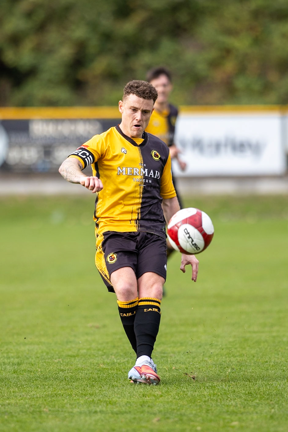 Prescot, ENGLAND -  during the NPL Premier Division match between Prescot Cables and  FC United  at The Auto Safety Centre StadiumCanon Canon EOS R5 400 1/3200 2.8 (Pic by John Middleton)