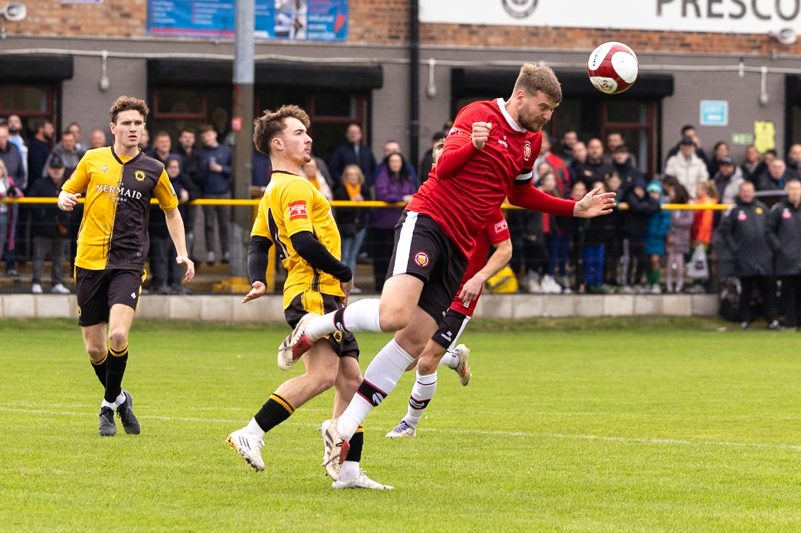 Prescot, ENGLAND -  during the NPL Premier Division match between Prescot Cables and  FC United  at The Auto Safety Centre StadiumCanon Canon EOS R3 1000 1/3200 2.8 (Pic by John Middleton)