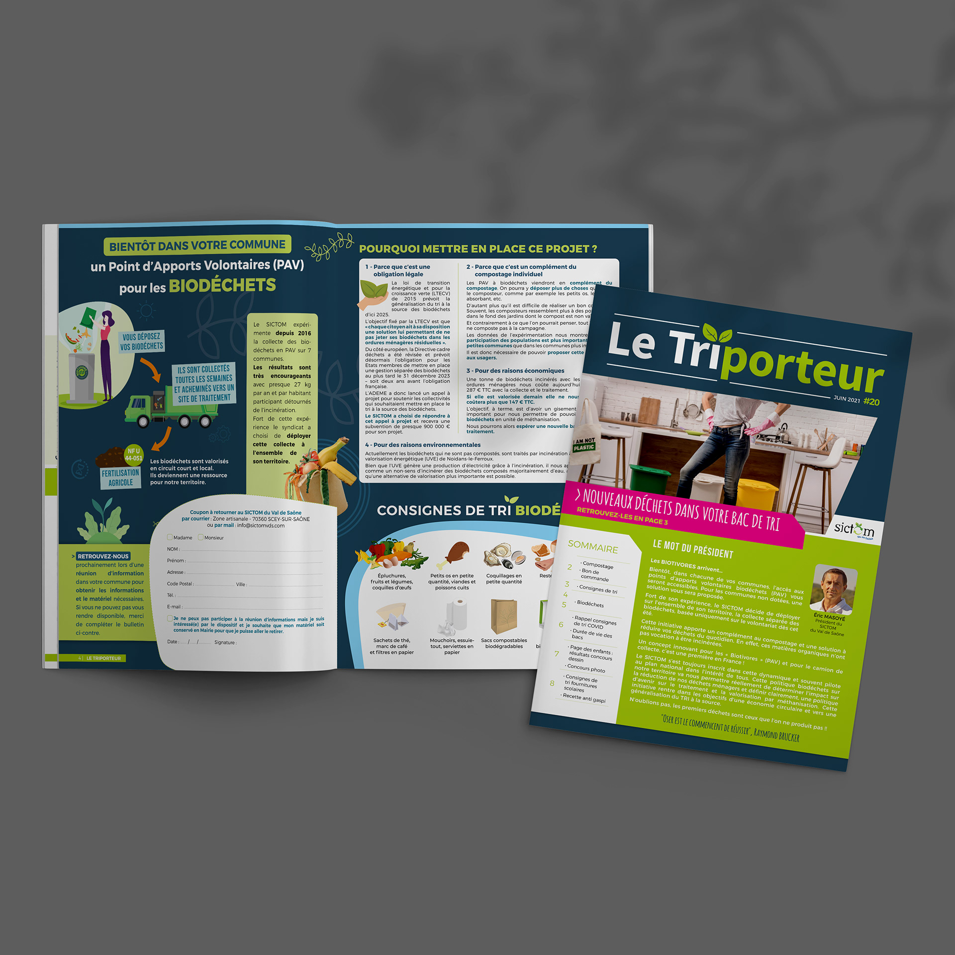 Mise en page du Triporteur #20 pour le Sictom du Val de Saône.