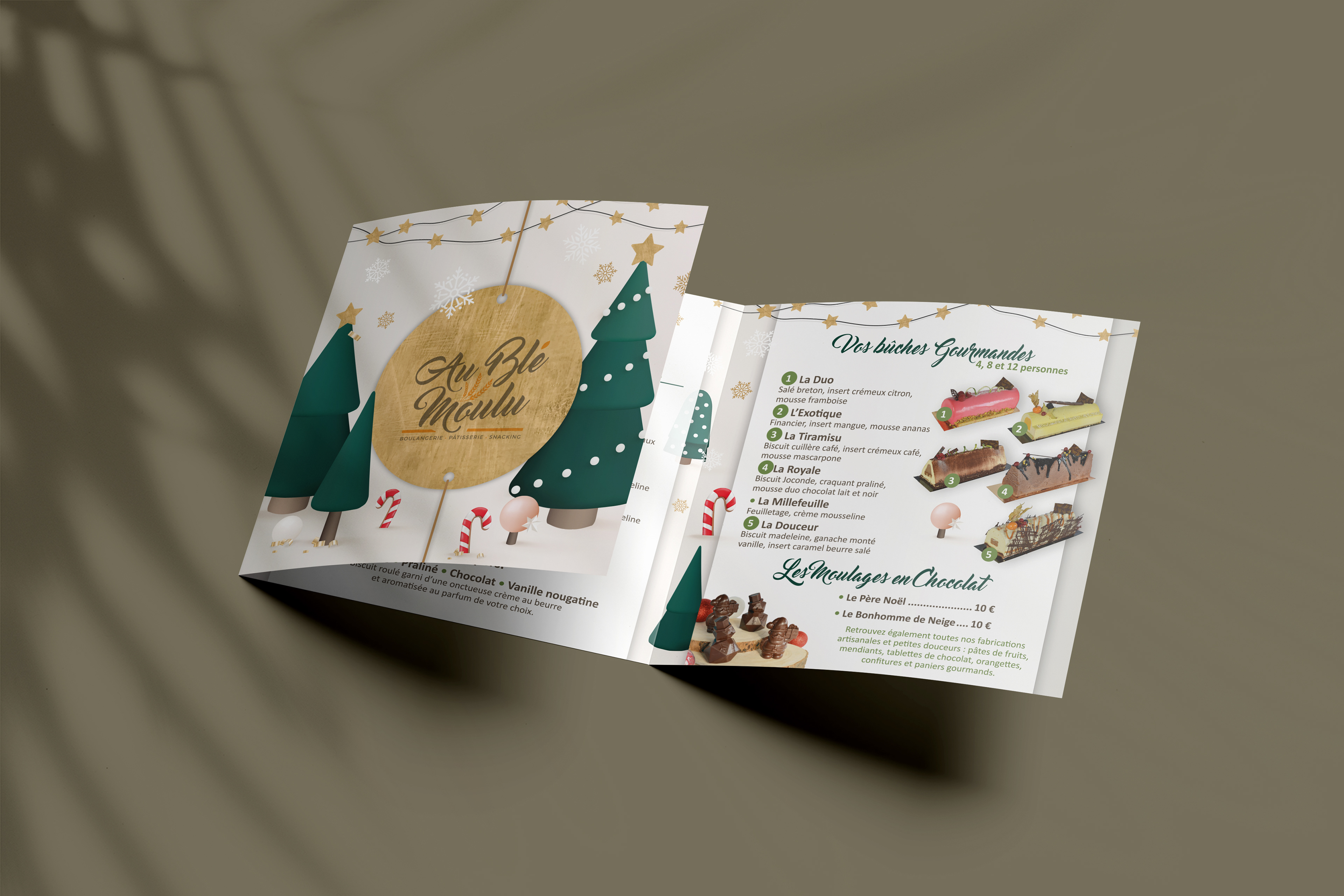 Dépliant pour les fêtes de fin d'année 2023 pour la boulangerie Au Blé Moulu.