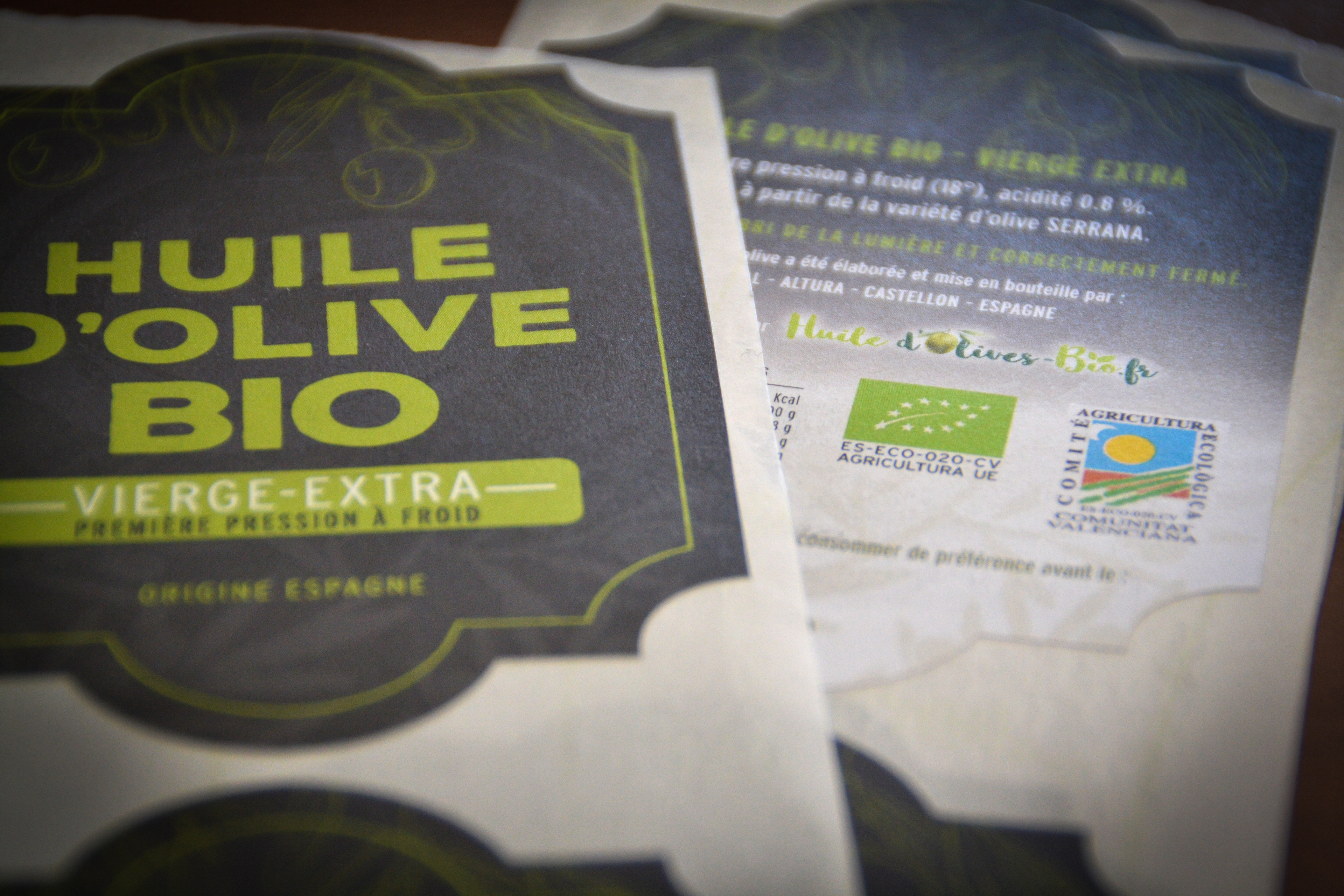 Etiquettes Huile d'Olive Bio.