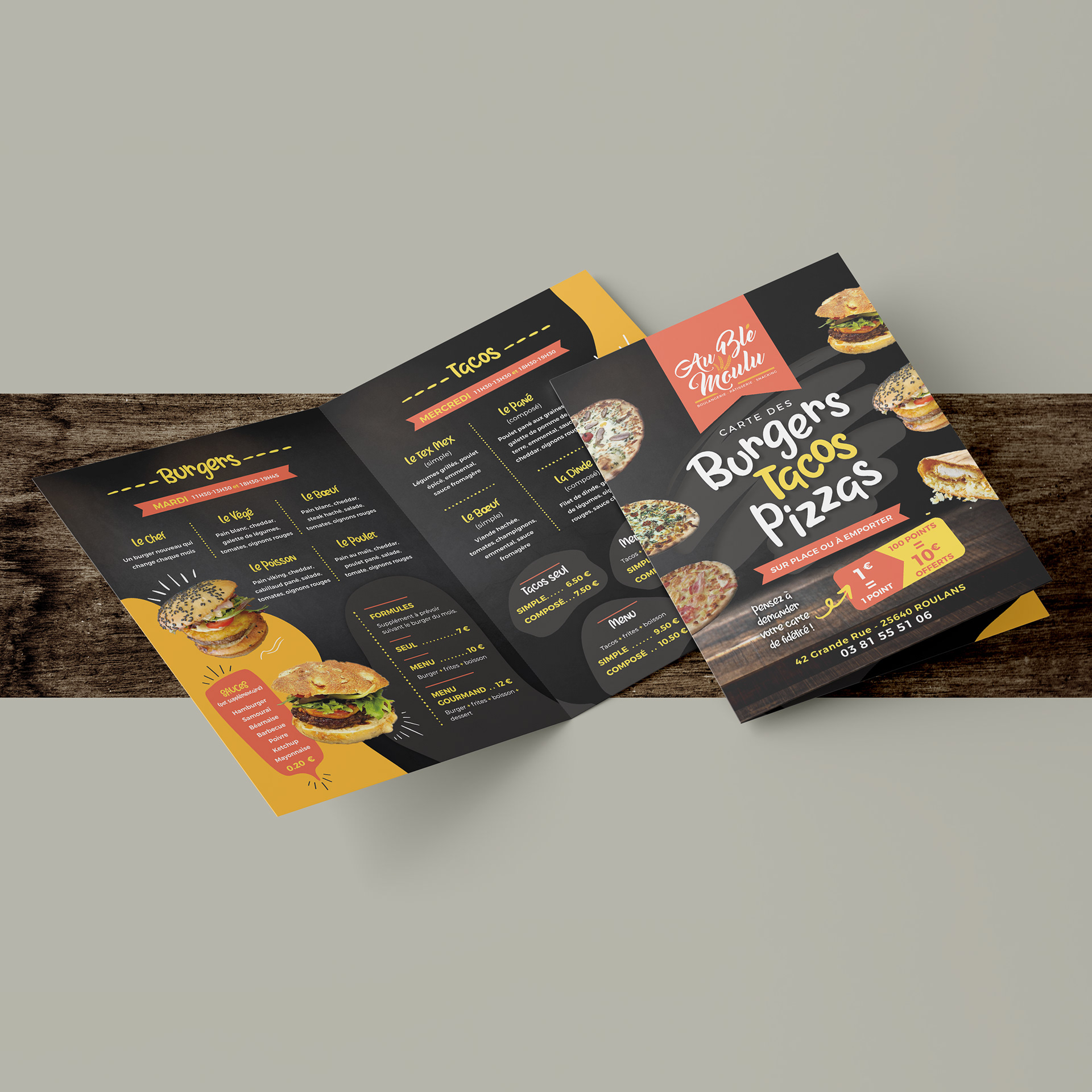 Carte des tacos pizzas et burger pour la boulangerie Au Blé Moulu.
