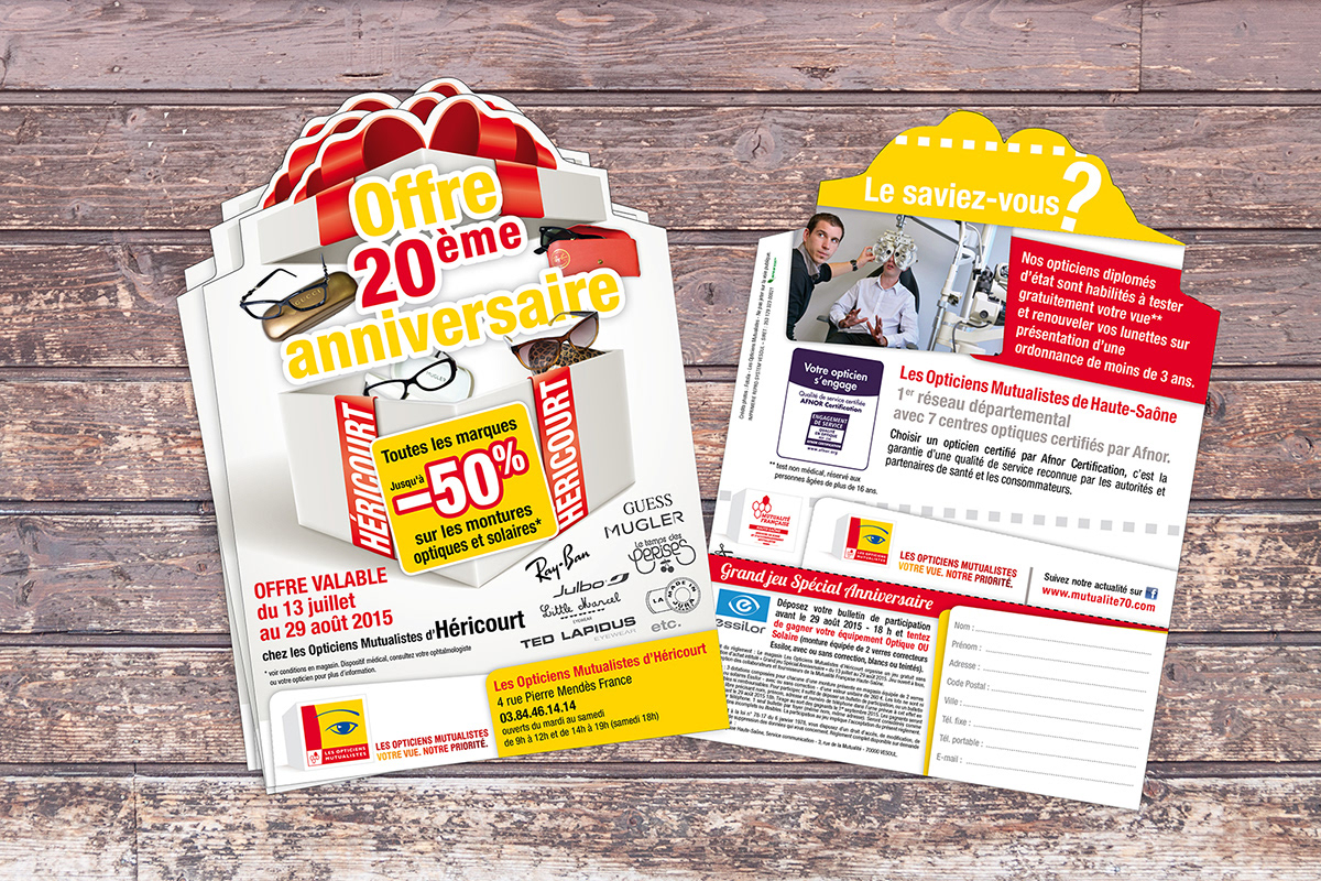 Flyer découpé (fly-cut) Les Opticiens Mutualistes (Ecouter Voir)