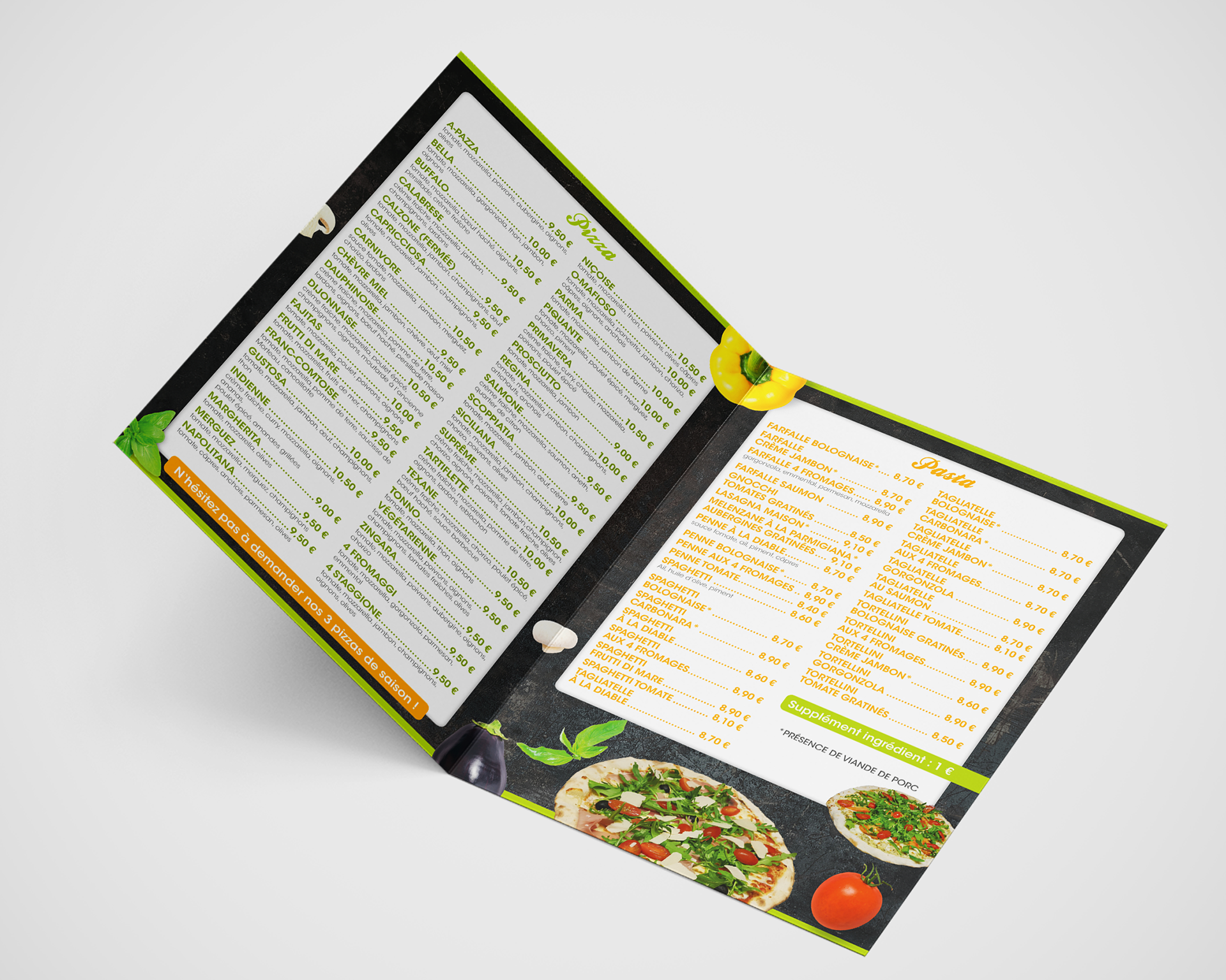 Carte des pizzas et des pâtes La Bella Napoli