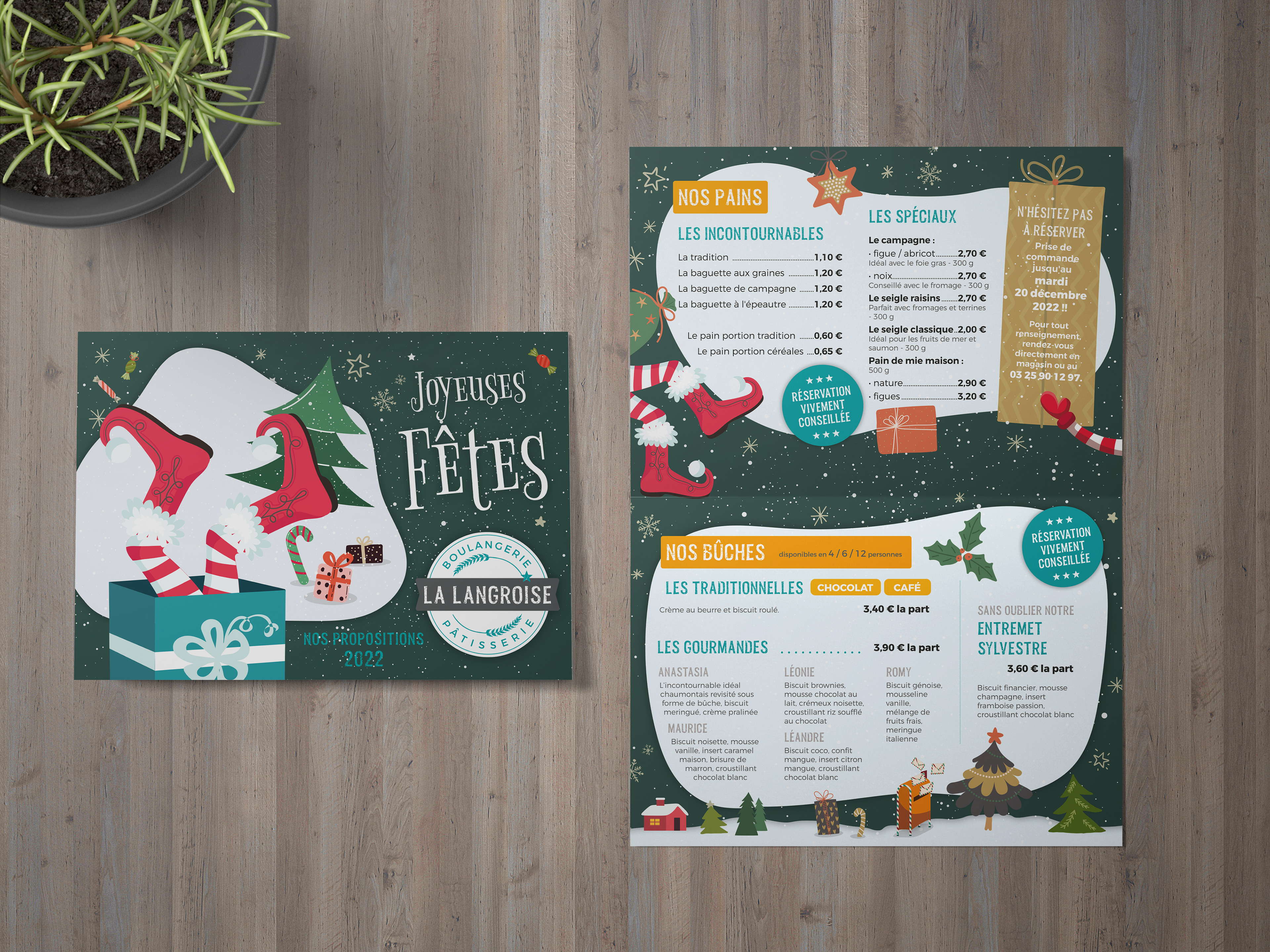 Dépliant pour les fêtes de fin d'année pour la boulangerie La Langroise.