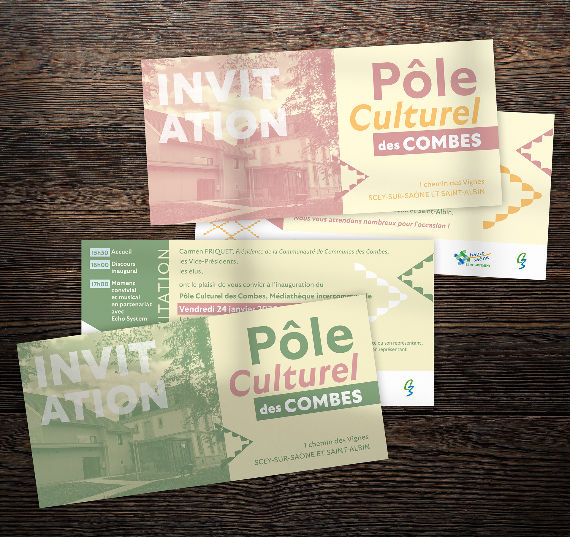 Cartes d'invitation pour l'inauguration du öle Culturel des Combe.