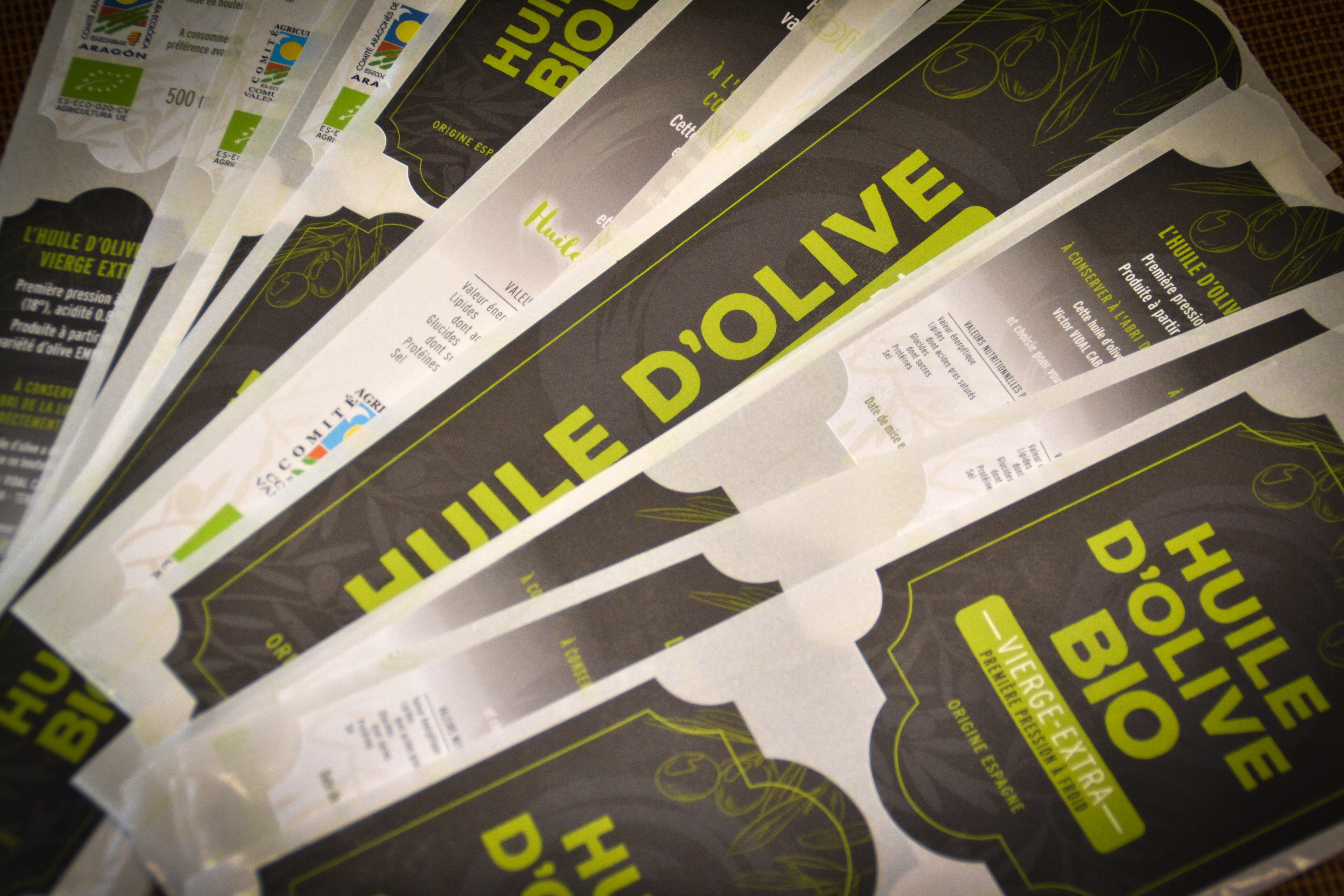 Etiquettes Huile d'Olive Bio.