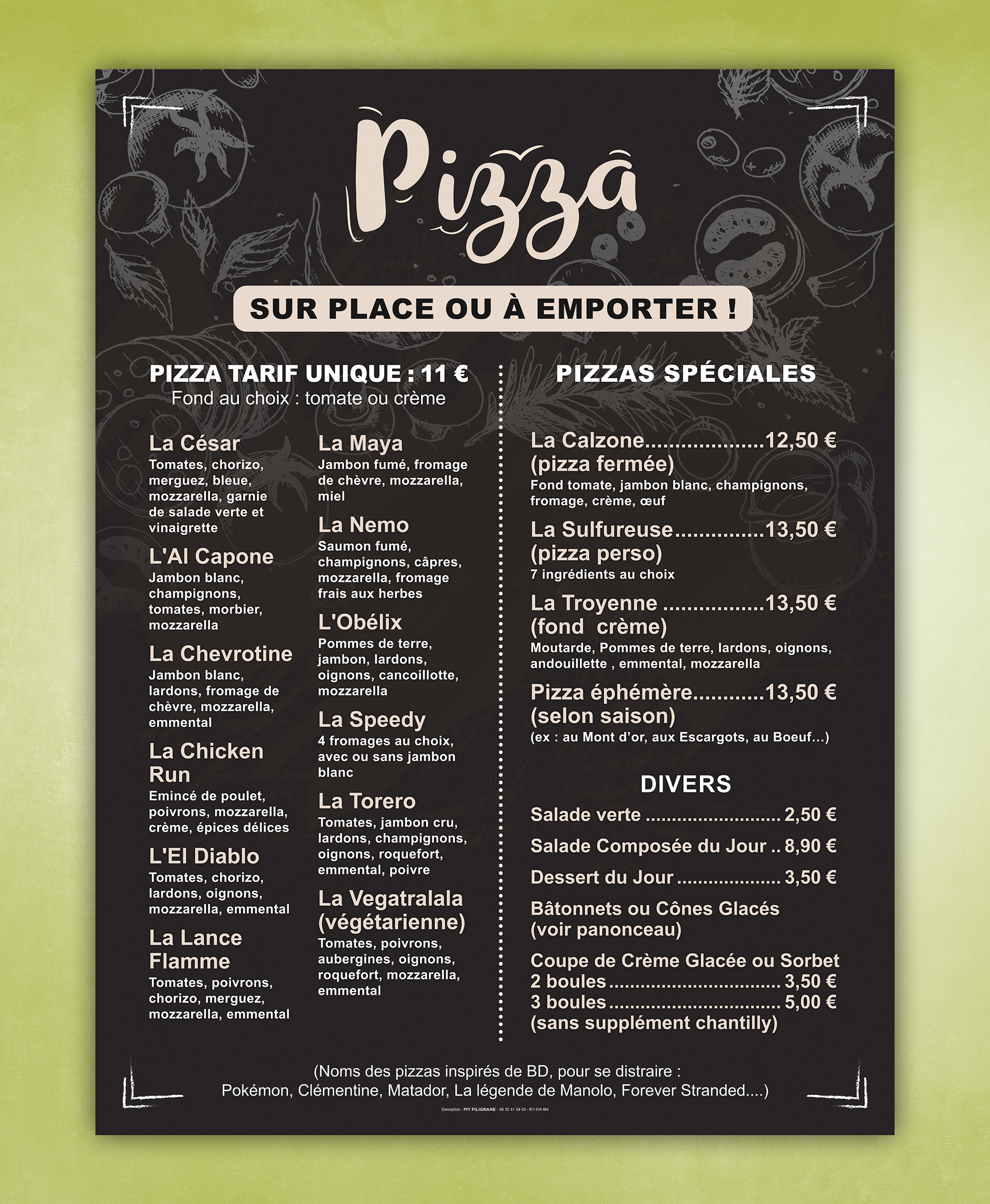 Affiche liste des pizza La Sulfu.