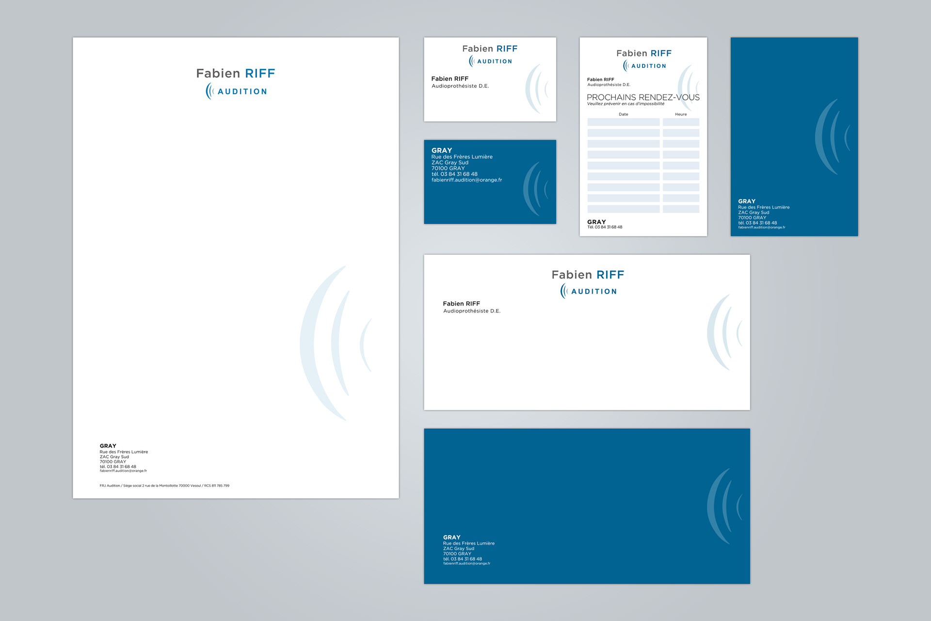Papier à entête, cartes de rendez-vous, cartes de visite et cartes de correspondance pour Fabien RIFF.