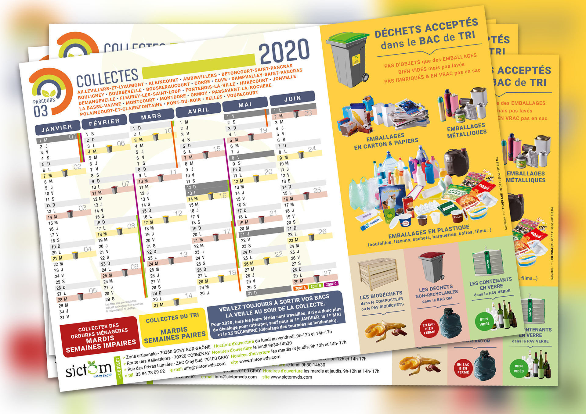 Calendriers de collecte du Sictom du Val de Saône.