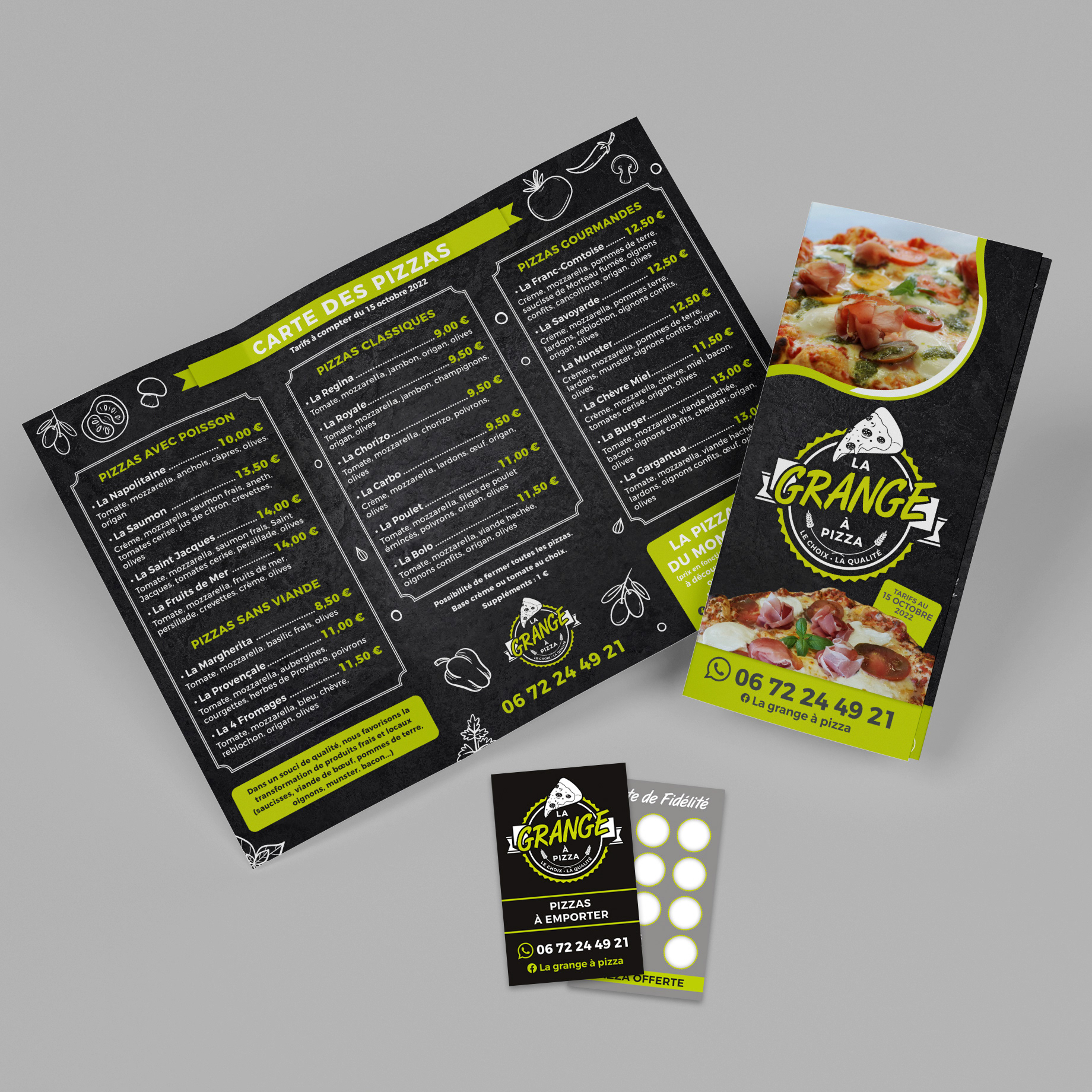 Carte des pizzas pour la Grange à Pizza.