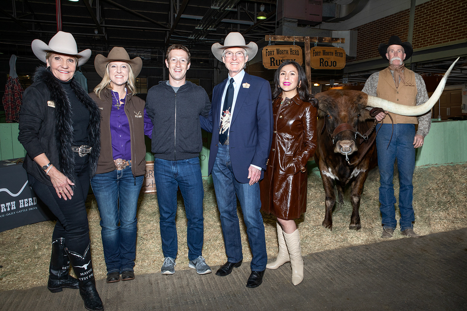 From left to right: Ft. Worth Mayor Betsy Price, Trail Boss Kristin Jaworski, Facebook Co-Founder Mark Zuckerberg, Businessman Ed Bass, and Businesswoman & Philanthropist Sasha Camacho Bass