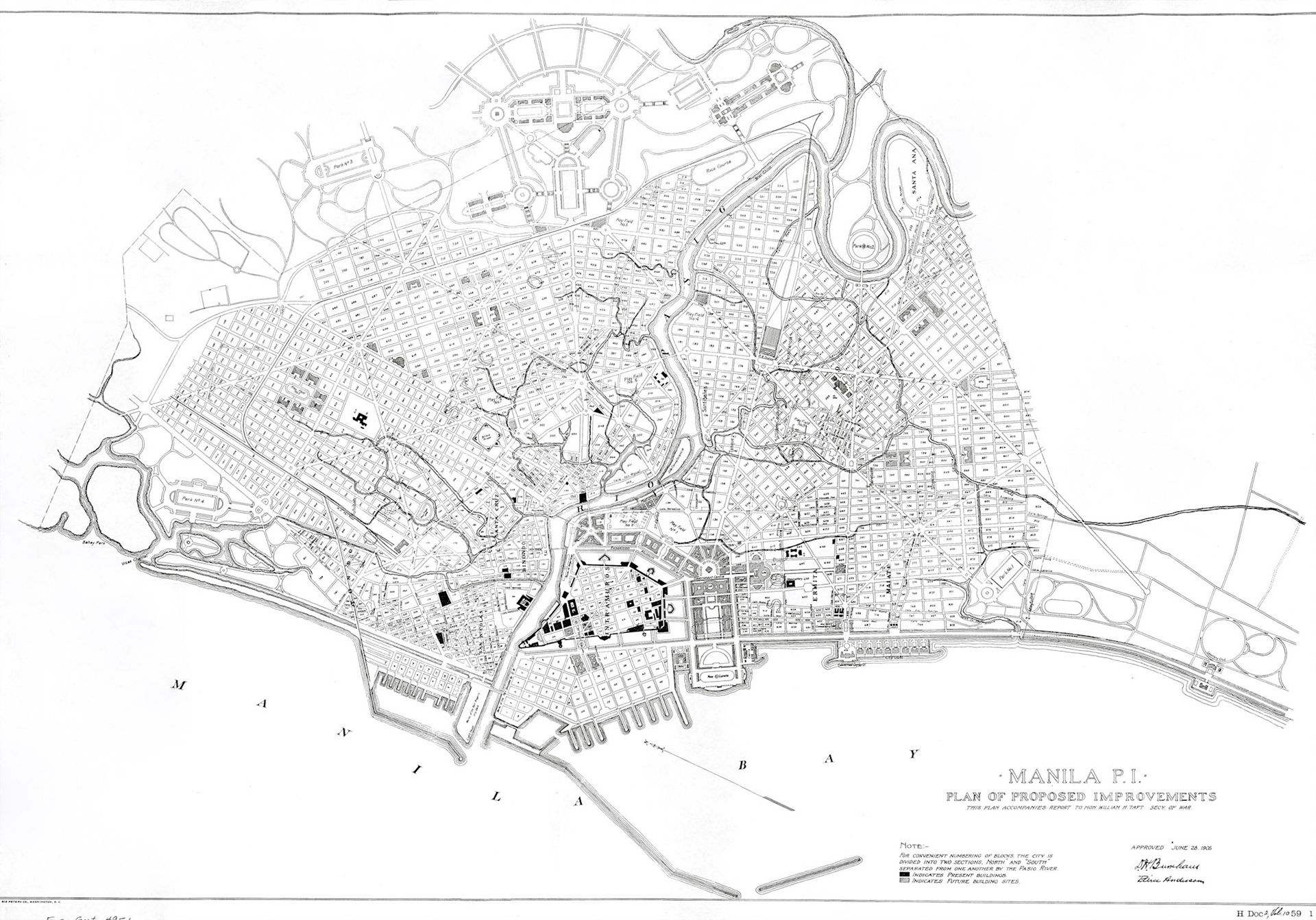 Map4F G8064.M5 1905 .B8 no. 1Title: Manila, P.I. : plan of proposed improvementsAuthors:= Burnham, Daniel Hudson, 1846-1912 = = Anderson, Pierce, 1870-1924 = = Norris Peters Co. = = United States. Congress. House = = Government Printing Office Place:[Washington, D.C.Publisher: Government Printing OfficeDate: 1906]Size : 1 map ; 53 x 79 cm.Notes: Detached from Daniel H. Burnham and Pierce Anderson's Report on proposed improvements at Manila in 59th Congress, 1st session, 1905-1906. House Document 2, volume 10, between p. [636]-637 [Serial Set 4951].'This plan accompanies report to Hon. William H. Taft Secy. of War. Approved June 28, 1905. [printed signatures of] D. H. Burnham, Pierce Anderson.'	Subjects:	Manila (Philippines) - Maps - 1905scan @300 dpi in 8 sections and pieced togetherdate 5-12-08