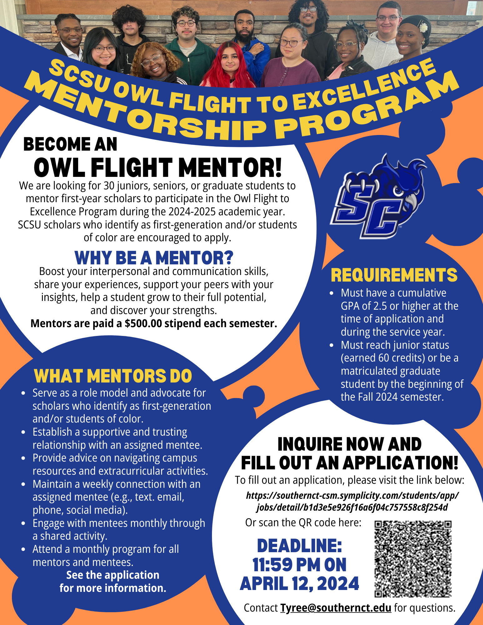 SCSU Owl Flight to Excellence Mentorship Program Recruitment Flyer, April 2024