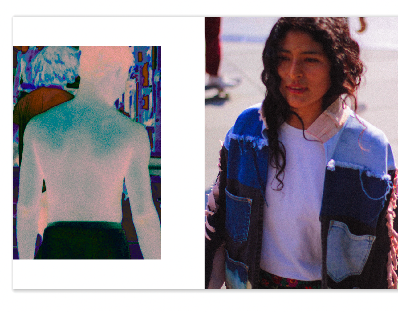 composition displaying on the right a portrait of woman wearing a bleach denim jacket, and on the left a film portrait of the back of a man