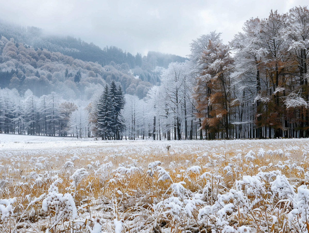 landschaftsphotography, eine Gruppe von Rindern, die harmonisch in einem goldenen Feld positioniert sind, mit einem Hintergrund aus BÃ¤umen und einem Berg, der leicht mit Schnee bedeckt ist. Die Farbpalette ist gedÃ¤mpft, was zu einem fast monochromatischen Eindruck fÃ¼hrt. Die TiefenschÃ¤rfe und das weiche Licht tragen dazu bei, die Textur des Grases und den sanften Abfall der Berge hervorzuheben. Es wirkt, als wolle der Fotograf die Stille und Friedlichkeit der Natur vermitteln. --chaos 10 --ar 4:3 --style raw --stylize 200 Job ID: e3c07b6e-fee9-4dfe-9037-a03deee6a980