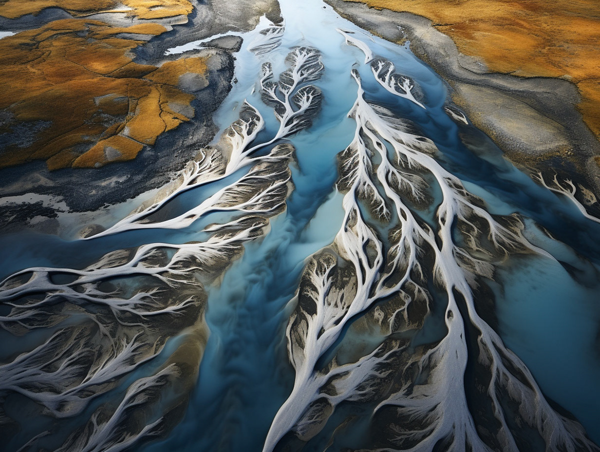 https://s.mj.run/IbXijlnaEUE Glacier river delta with colorful patterns and streams, seen from a drone, looking vertically down, high-resolution nature photography --ar 4:3 --style raw --stylize 750 --v 5.2 Job ID: 574e5981-b38e-4971-a252-b58655ebe1a8