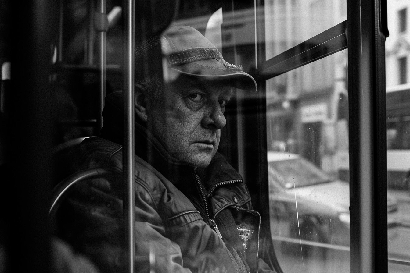 a man sitting inside a bus, looking into the camera, seen from outside, through a window with reflections of city life, black and white art photography --ar 3:2 --style raw Job ID: 64b26b9e-cd9f-43ae-b6ab-201d574e994d
